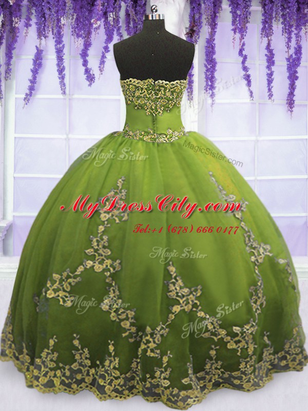 Custom Design Floor Length Olive Green Quinceanera Gown Strapless Sleeveless Zipper