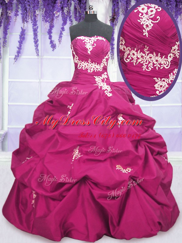 Classical Strapless Sleeveless Taffeta Sweet 16 Dresses Appliques and Ruching and Pick Ups Lace Up