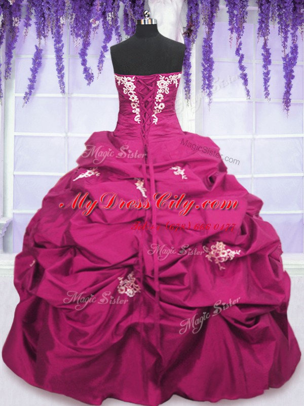 Classical Strapless Sleeveless Taffeta Sweet 16 Dresses Appliques and Ruching and Pick Ups Lace Up