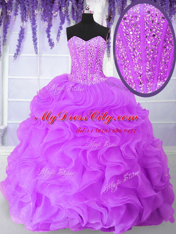 Lilac Sleeveless Beading and Ruffles Floor Length Vestidos de Quinceanera