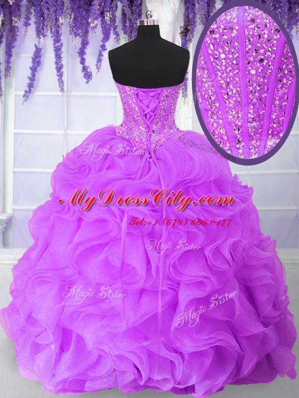 Lilac Sleeveless Beading and Ruffles Floor Length Vestidos de Quinceanera