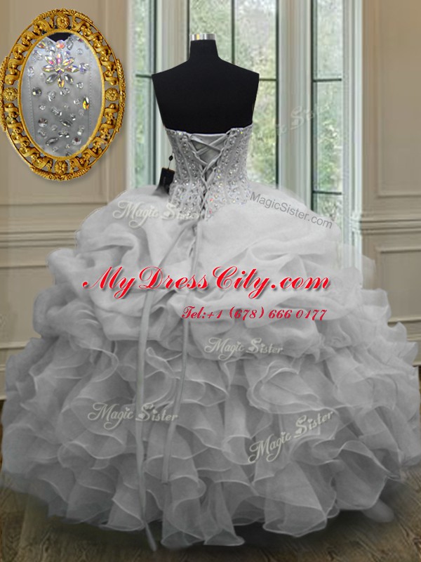 White Ball Gowns Sweetheart Sleeveless Organza Floor Length Lace Up Beading and Pick Ups Quinceanera Dress