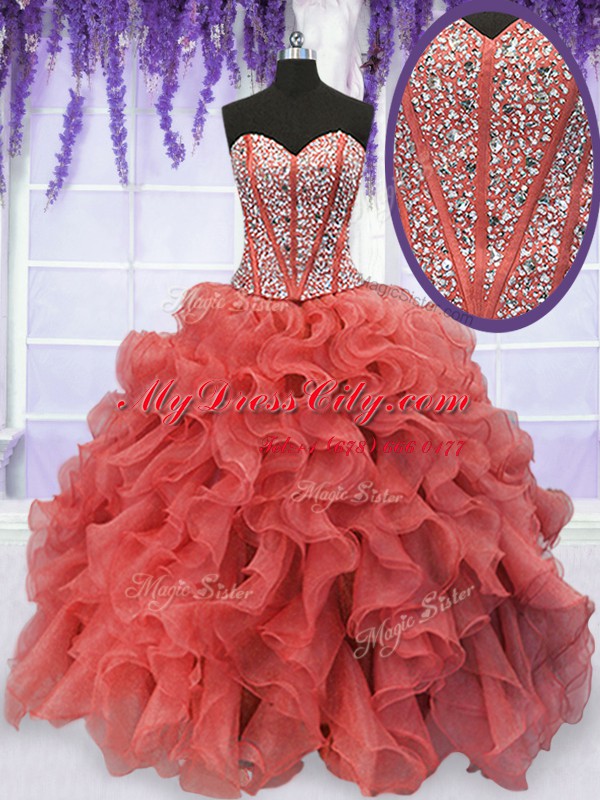 Designer Sleeveless Floor Length Beading and Ruffles Lace Up Quinceanera Gowns with Coral Red