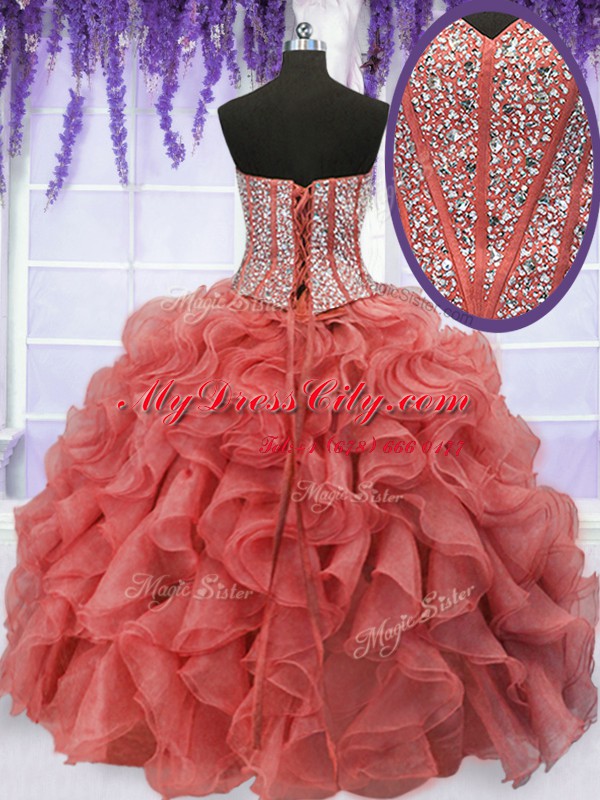 Designer Sleeveless Floor Length Beading and Ruffles Lace Up Quinceanera Gowns with Coral Red