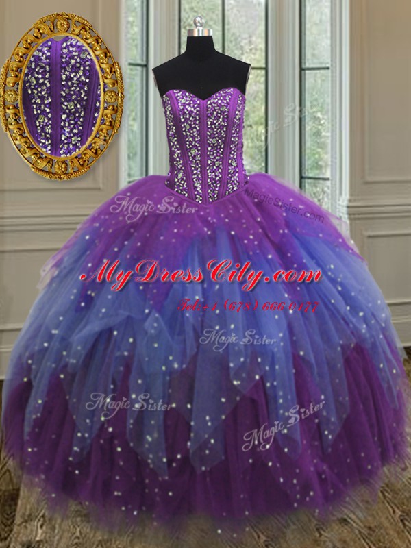 Attractive Tulle Sleeveless Floor Length Sweet 16 Dresses and Beading and Ruffles and Sequins