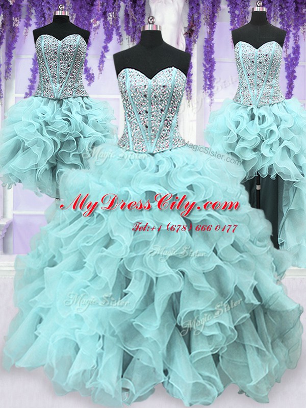 Four Piece Sleeveless Floor Length Ruffles and Sequins Lace Up Sweet 16 Quinceanera Dress with Light Blue