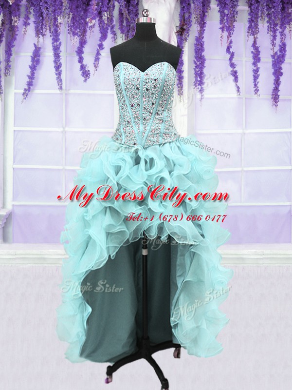 Four Piece Sleeveless Floor Length Ruffles and Sequins Lace Up Sweet 16 Quinceanera Dress with Light Blue