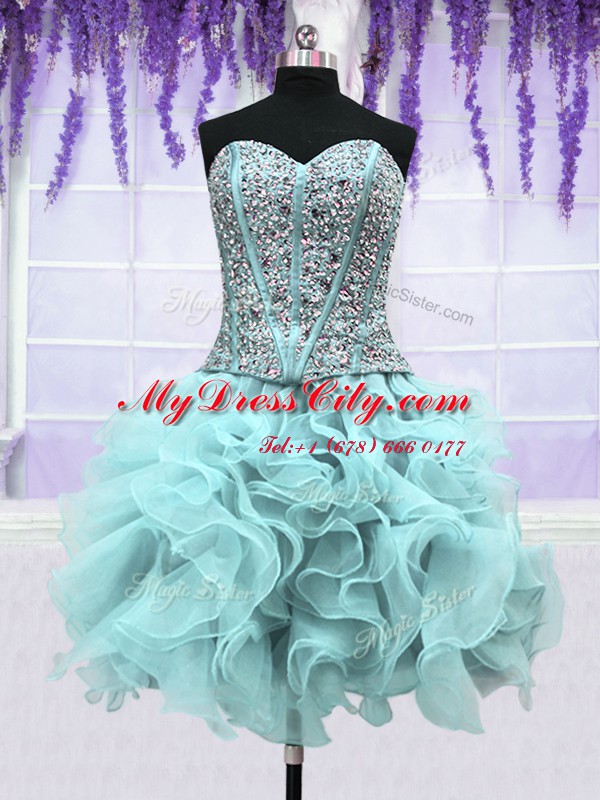 Four Piece Sleeveless Floor Length Ruffles and Sequins Lace Up Sweet 16 Quinceanera Dress with Light Blue