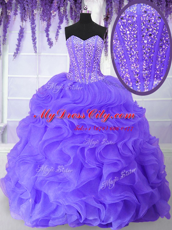 Decent Lavender Sleeveless Organza Lace Up Sweet 16 Dress for Military Ball and Sweet 16 and Quinceanera