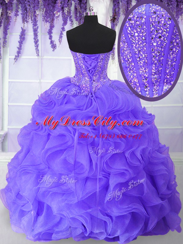 Decent Lavender Sleeveless Organza Lace Up Sweet 16 Dress for Military Ball and Sweet 16 and Quinceanera