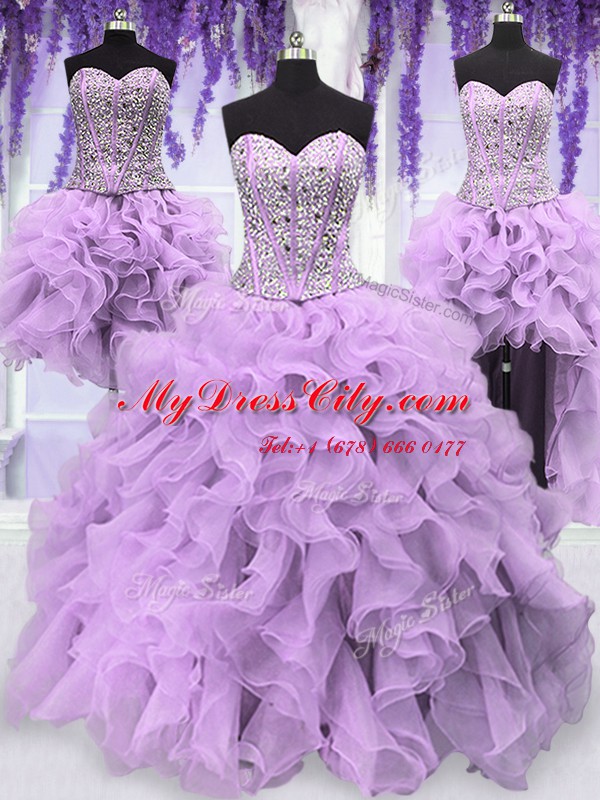 High Quality Four Piece Lavender Lace Up Quinceanera Gown Ruffles and Sequins Sleeveless Floor Length