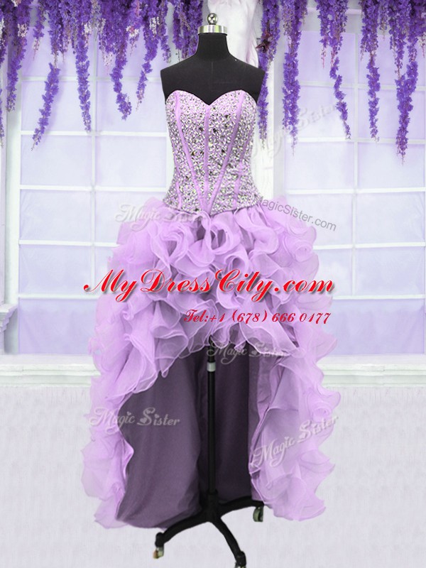 High Quality Four Piece Lavender Lace Up Quinceanera Gown Ruffles and Sequins Sleeveless Floor Length