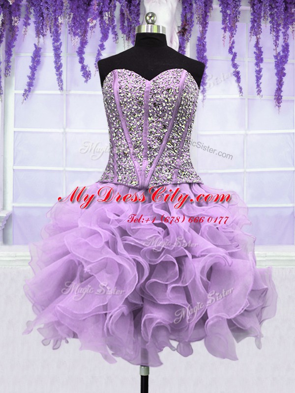 High Quality Four Piece Lavender Lace Up Quinceanera Gown Ruffles and Sequins Sleeveless Floor Length