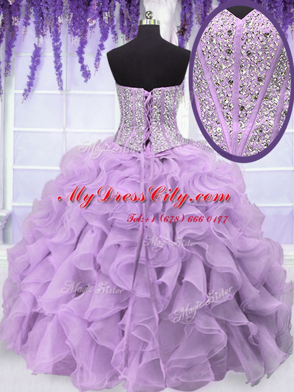 High Quality Four Piece Lavender Lace Up Quinceanera Gown Ruffles and Sequins Sleeveless Floor Length