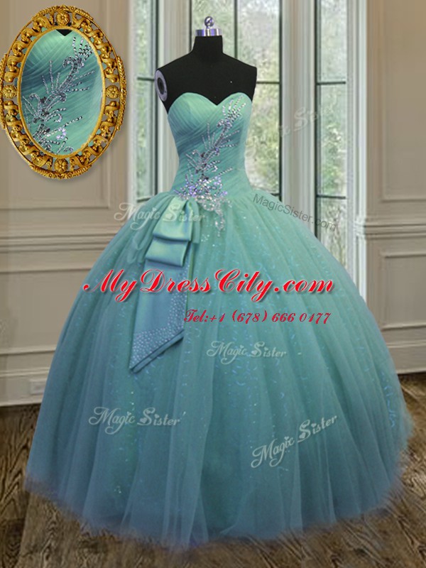 Sexy Tulle Sleeveless Floor Length Quince Ball Gowns and Beading and Ruching and Bowknot