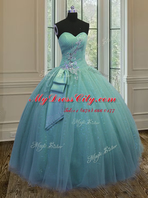 Sexy Tulle Sleeveless Floor Length Quince Ball Gowns and Beading and Ruching and Bowknot