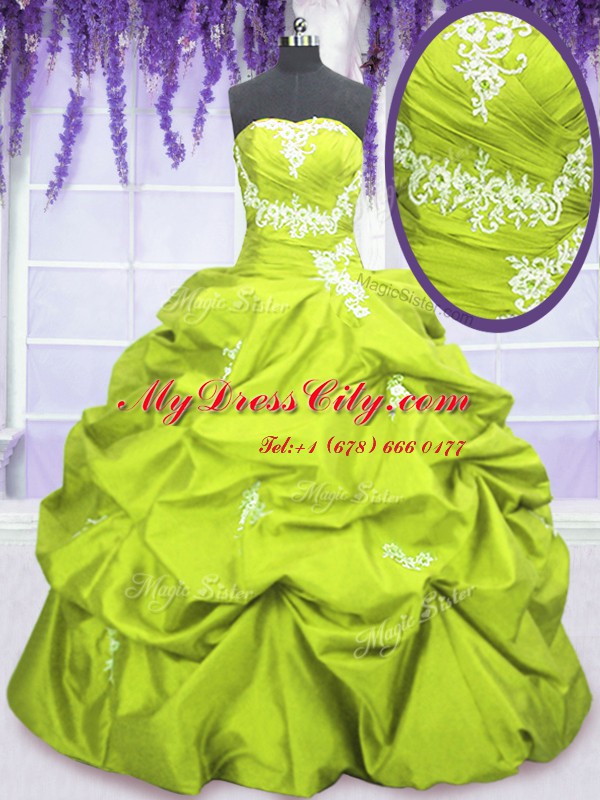 Charming Yellow Green Taffeta Lace Up Sweet 16 Dress Sleeveless Floor Length Appliques and Pick Ups