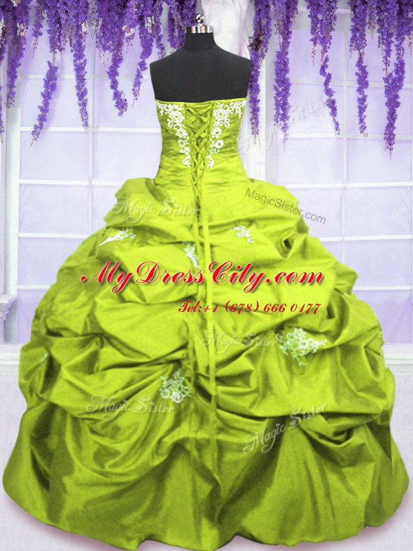 Charming Yellow Green Taffeta Lace Up Sweet 16 Dress Sleeveless Floor Length Appliques and Pick Ups