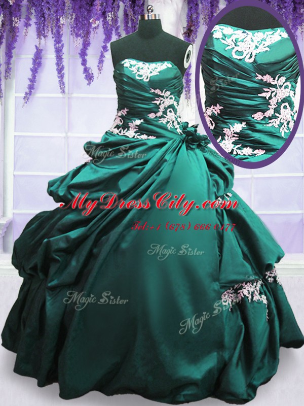 Smart Taffeta Sleeveless Floor Length Quince Ball Gowns and Appliques and Pick Ups