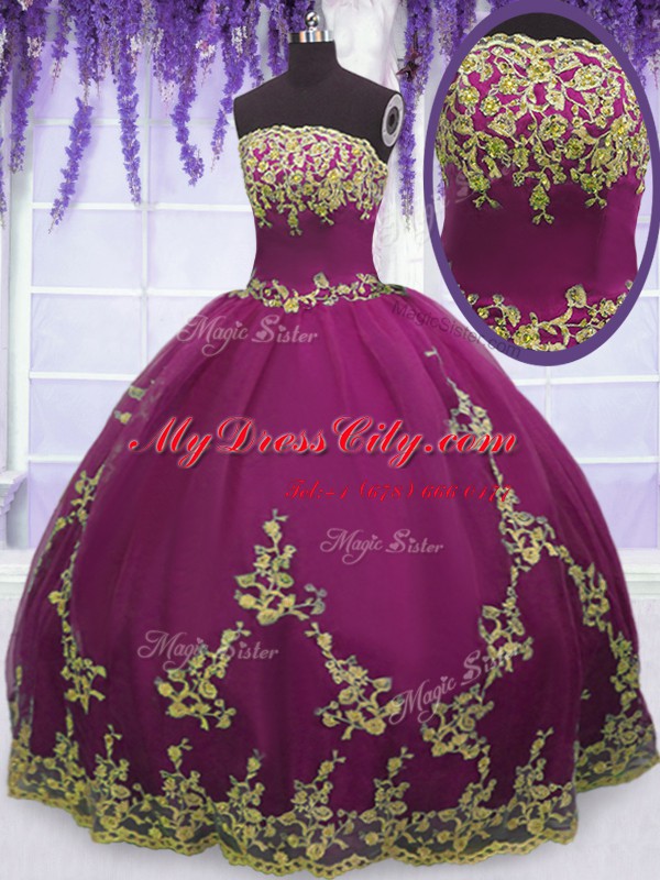 Fuchsia Zipper Quinceanera Gown Appliques Sleeveless Floor Length