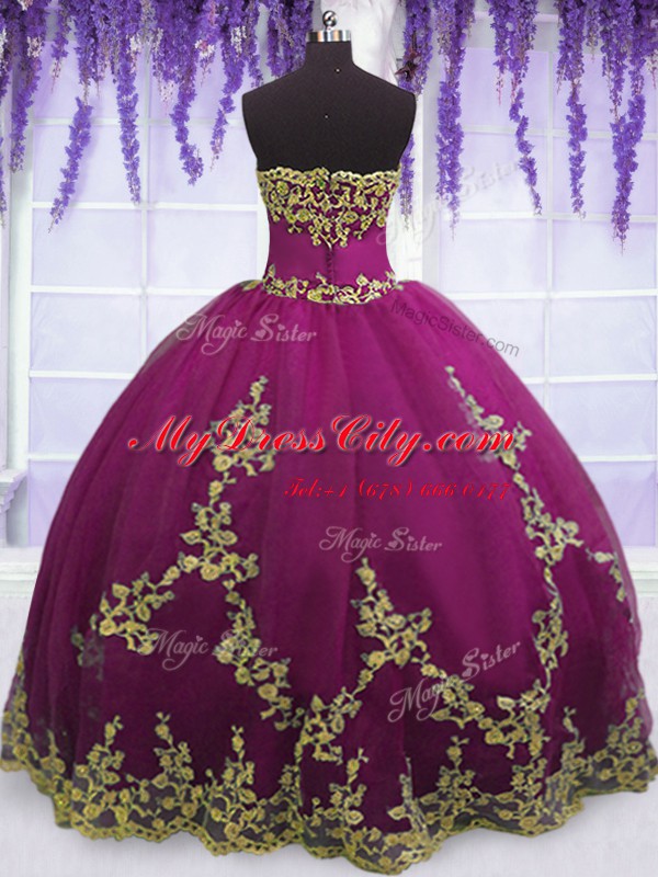 Fuchsia Zipper Quinceanera Gown Appliques Sleeveless Floor Length