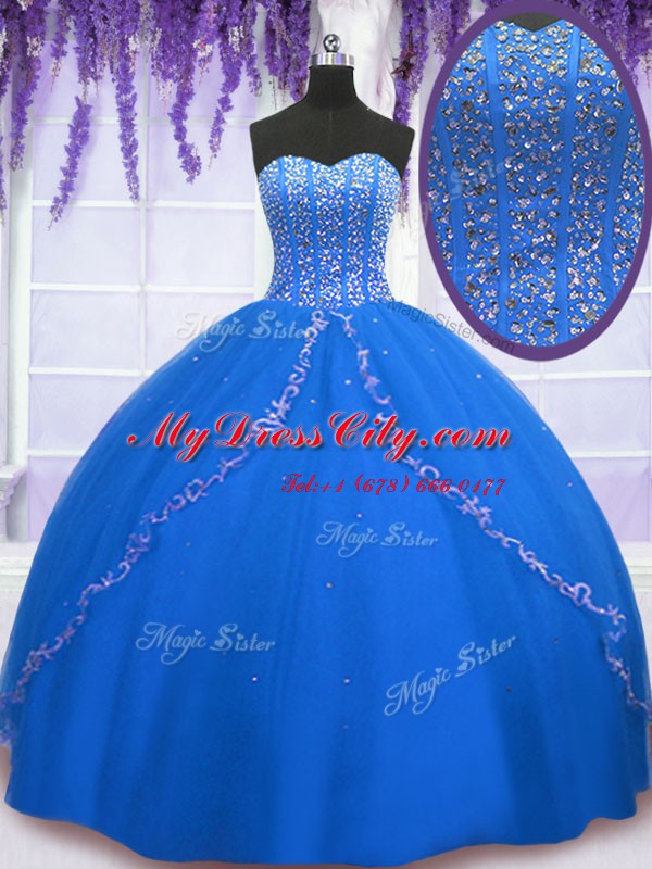 Charming Royal Blue Lace Up Quinceanera Dress Beading and Sequins Sleeveless Floor Length