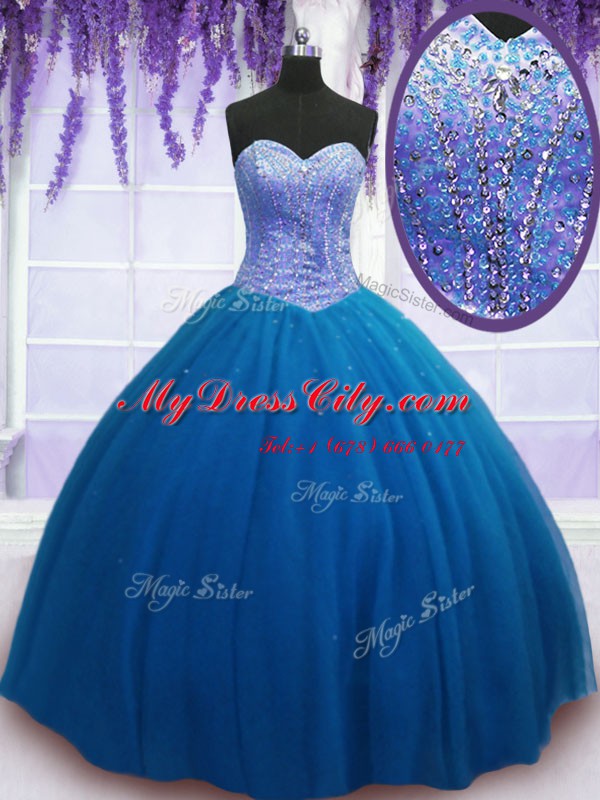 Hot Sale Sleeveless Tulle Floor Length Lace Up 15 Quinceanera Dress in Teal with Beading