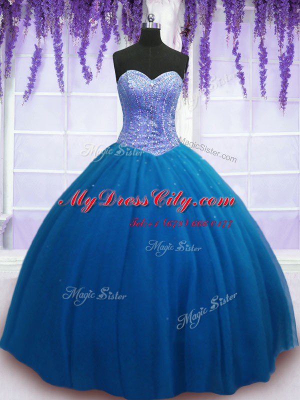 Hot Sale Sleeveless Tulle Floor Length Lace Up 15 Quinceanera Dress in Teal with Beading