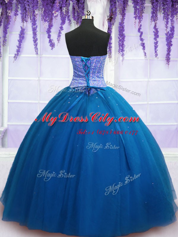 Hot Sale Sleeveless Tulle Floor Length Lace Up 15 Quinceanera Dress in Teal with Beading