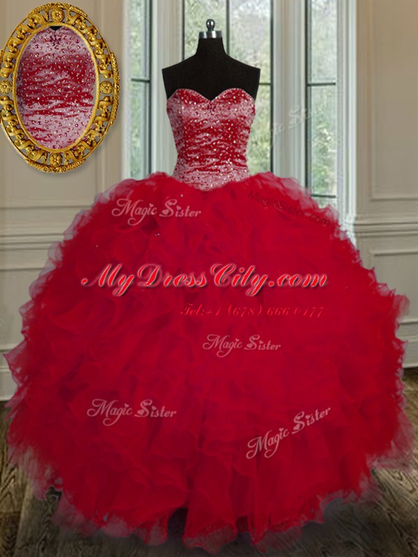 Custom Made Red Ball Gowns Beading and Ruffles Sweet 16 Dresses Lace Up Tulle Sleeveless Floor Length