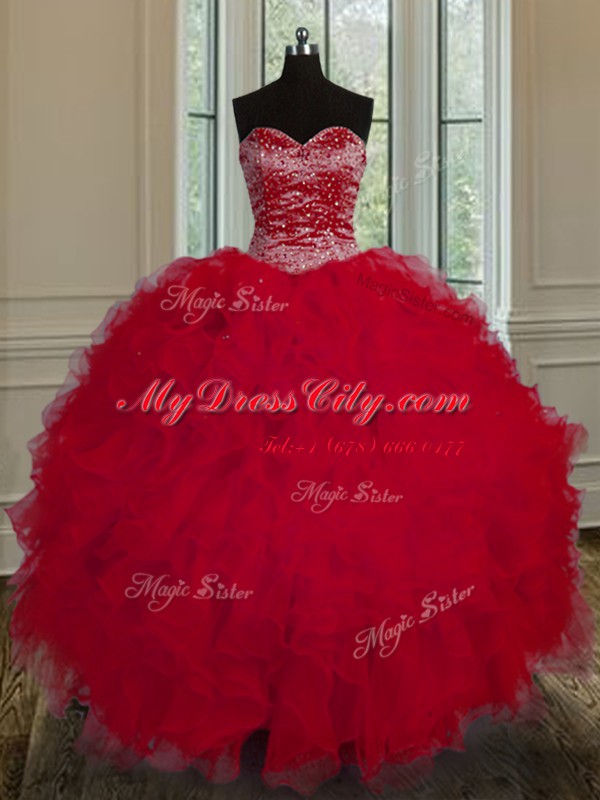 Custom Made Red Ball Gowns Beading and Ruffles Sweet 16 Dresses Lace Up Tulle Sleeveless Floor Length