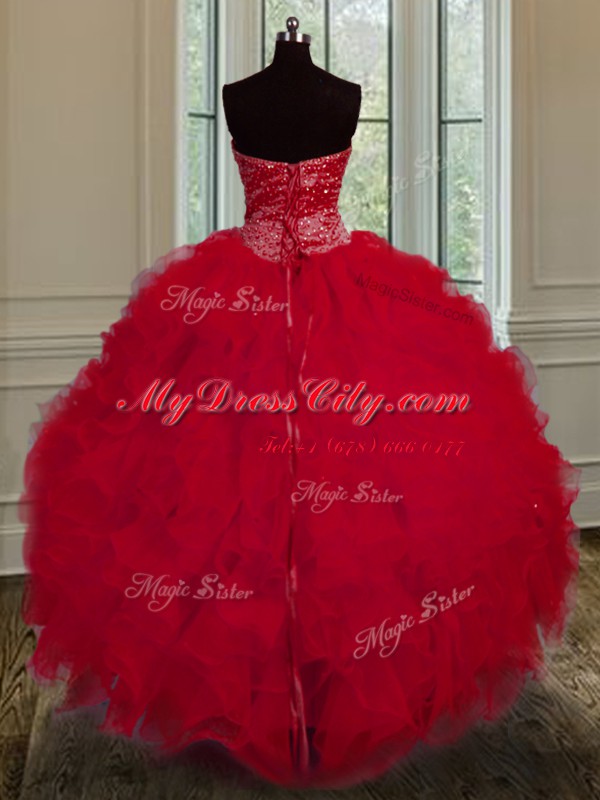 Custom Made Red Ball Gowns Beading and Ruffles Sweet 16 Dresses Lace Up Tulle Sleeveless Floor Length