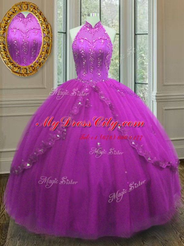 Fancy High-neck Sleeveless Sweet 16 Dresses Floor Length Beading and Appliques Fuchsia Tulle