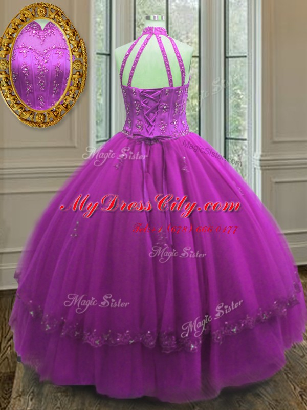 Fancy High-neck Sleeveless Sweet 16 Dresses Floor Length Beading and Appliques Fuchsia Tulle