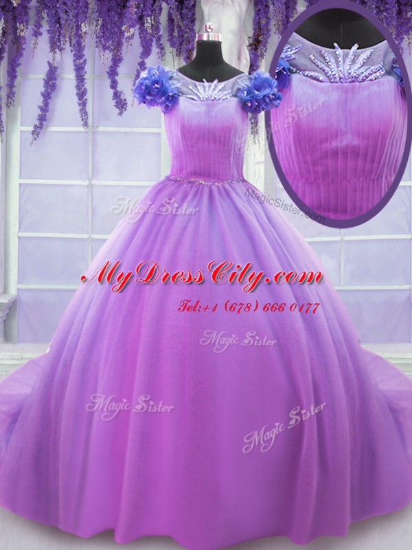 Exquisite Lilac Ball Gown Prom Dress Military Ball and Sweet 16 and Quinceanera and For with Hand Made Flower Scoop Short Sleeves Lace Up