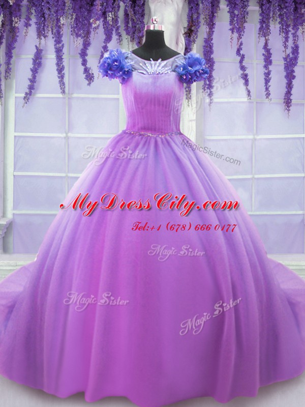 Exquisite Lilac Ball Gown Prom Dress Military Ball and Sweet 16 and Quinceanera and For with Hand Made Flower Scoop Short Sleeves Lace Up