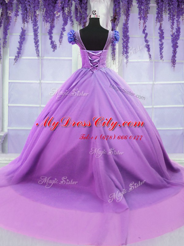 Exquisite Lilac Ball Gown Prom Dress Military Ball and Sweet 16 and Quinceanera and For with Hand Made Flower Scoop Short Sleeves Lace Up