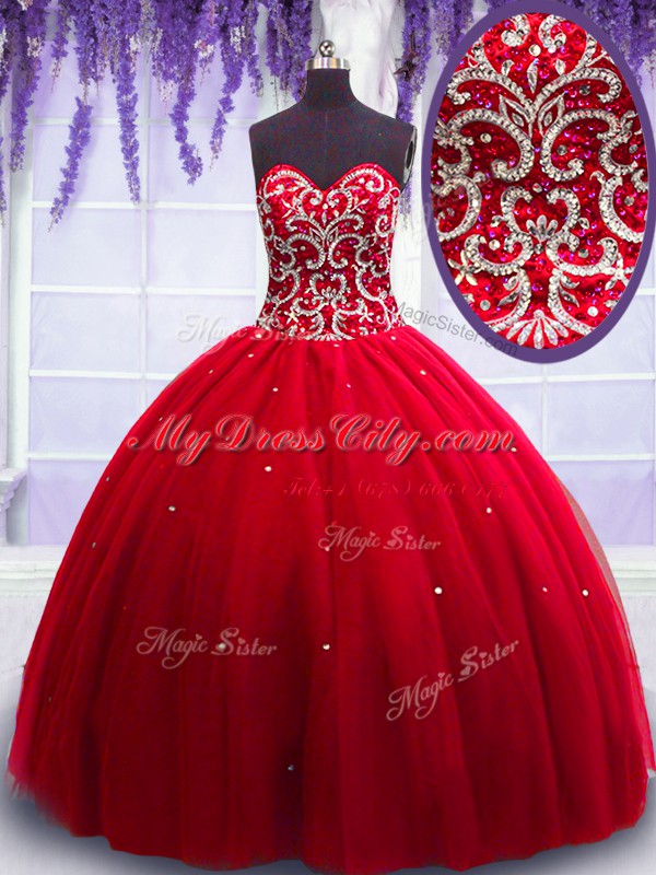 Top Selling Sleeveless Floor Length Beading Lace Up 15th Birthday Dress with Red