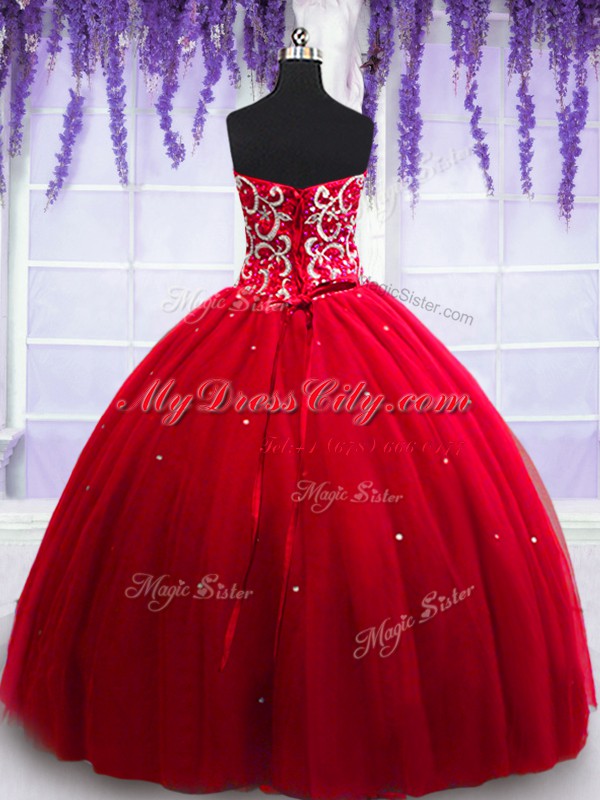 Top Selling Sleeveless Floor Length Beading Lace Up 15th Birthday Dress with Red