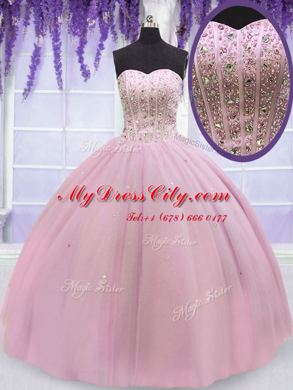 Baby Pink Tulle Lace Up Quinceanera Dress Sleeveless Floor Length Beading