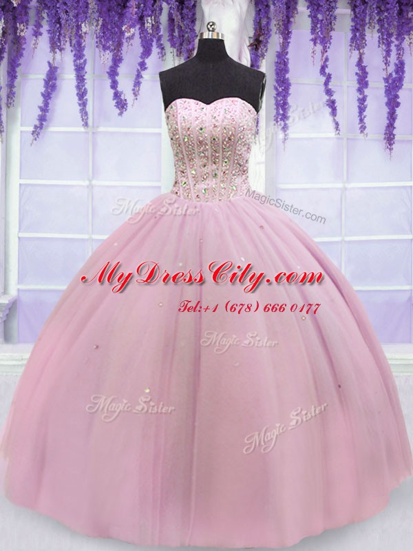 Baby Pink Tulle Lace Up Quinceanera Dress Sleeveless Floor Length Beading