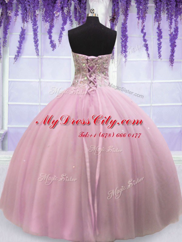 Baby Pink Tulle Lace Up Quinceanera Dress Sleeveless Floor Length Beading