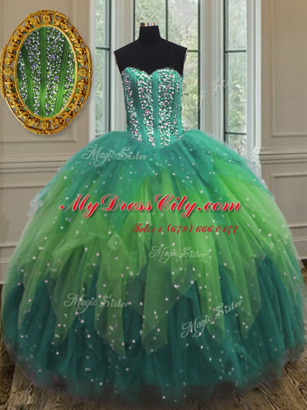 Latest Multi-color Lace Up Quince Ball Gowns Beading and Ruffles and Sequins Sleeveless Floor Length