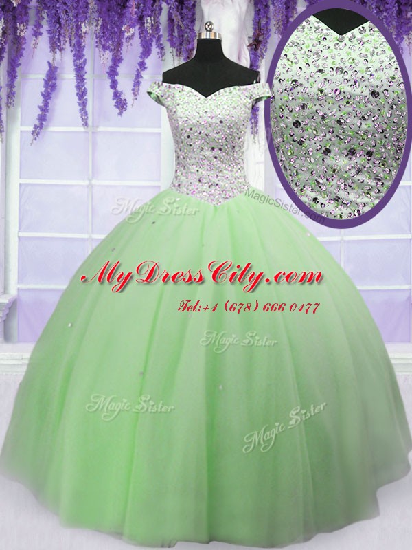 Apple Green Ball Gowns Off The Shoulder Short Sleeves Tulle Floor Length Lace Up Beading Sweet 16 Quinceanera Dress