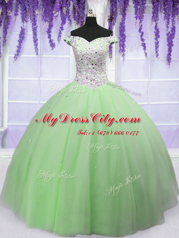 Apple Green Ball Gowns Off The Shoulder Short Sleeves Tulle Floor Length Lace Up Beading Sweet 16 Quinceanera Dress