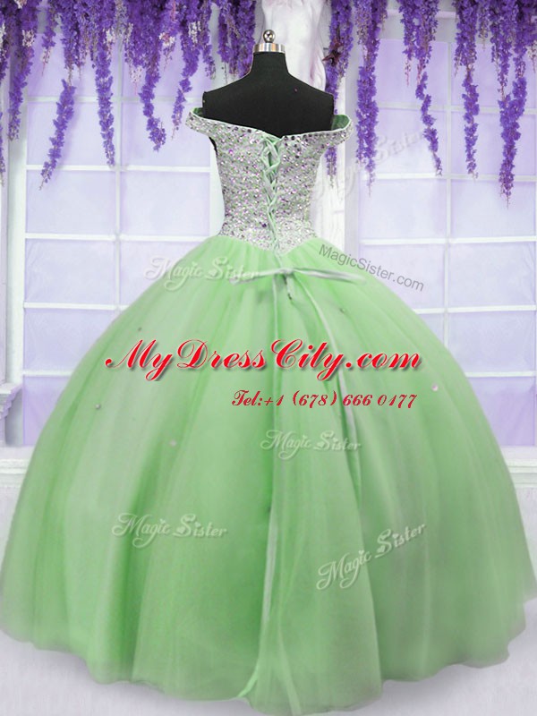 Apple Green Ball Gowns Off The Shoulder Short Sleeves Tulle Floor Length Lace Up Beading Sweet 16 Quinceanera Dress