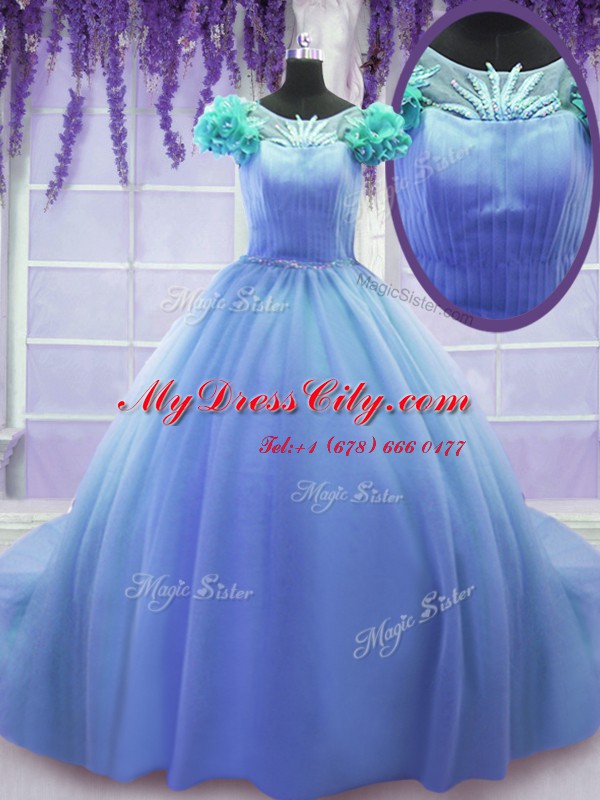 Scoop Ball Gowns Short Sleeves Blue Sweet 16 Quinceanera Dress Court Train Lace Up