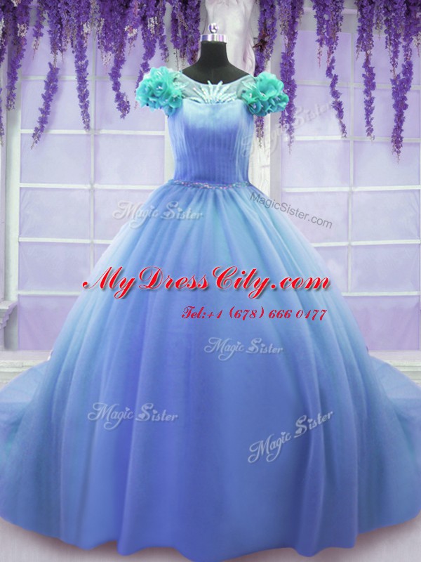 Scoop Ball Gowns Short Sleeves Blue Sweet 16 Quinceanera Dress Court Train Lace Up