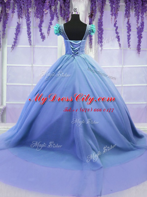 Scoop Ball Gowns Short Sleeves Blue Sweet 16 Quinceanera Dress Court Train Lace Up