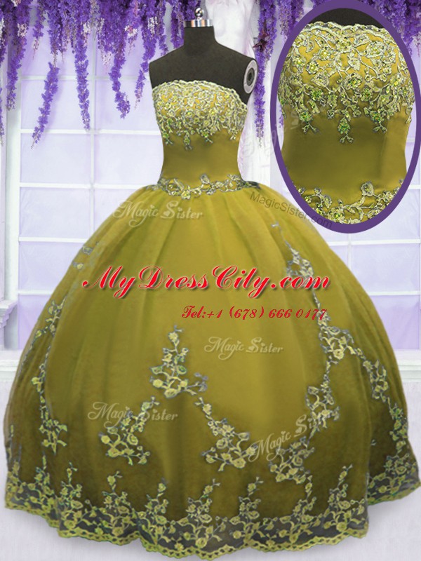 Sleeveless Floor Length Appliques Zipper Quince Ball Gowns with Olive Green